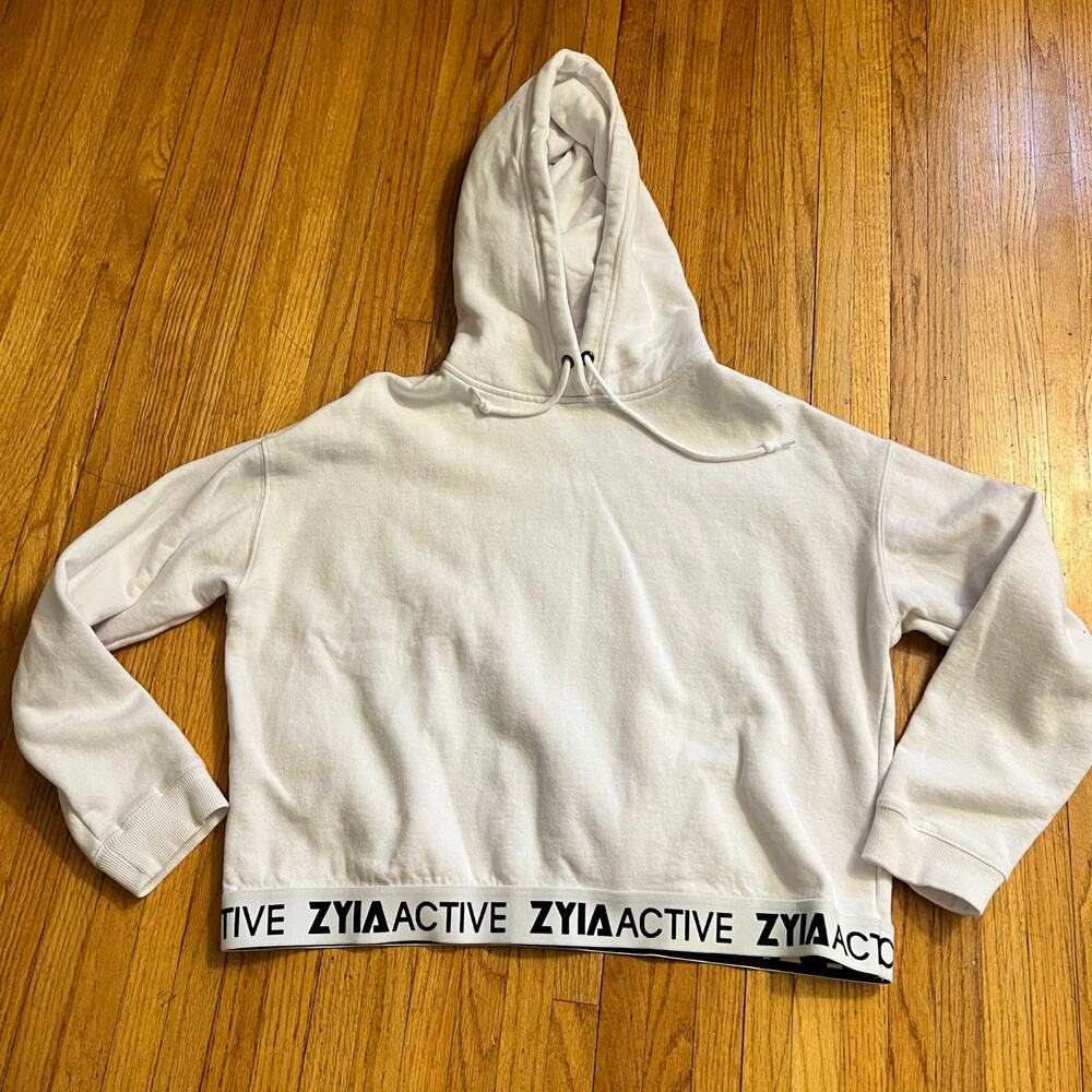 Zyia Active Sweatshirt Womens XXL White Logo Band Crop Shirt Hoodie - Picture 1 of 6